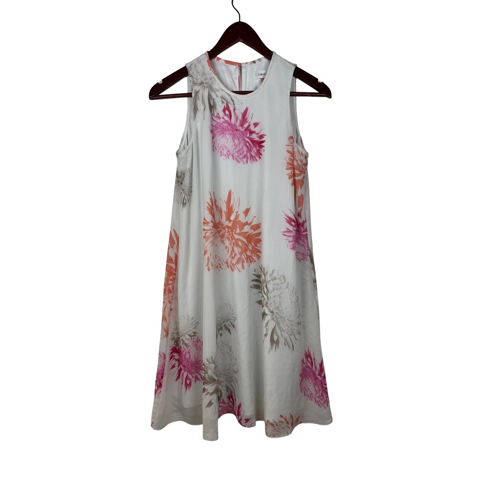 Calvin Klein Shift Dress Women 4 White Pink Orange Floral Sleeveless Chiffon - Picture 3 of 7